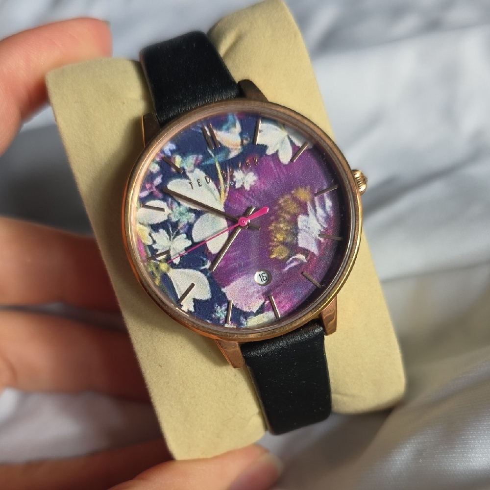 Ted Baker Floral Dial Women's Watch in Purple with Black Strap